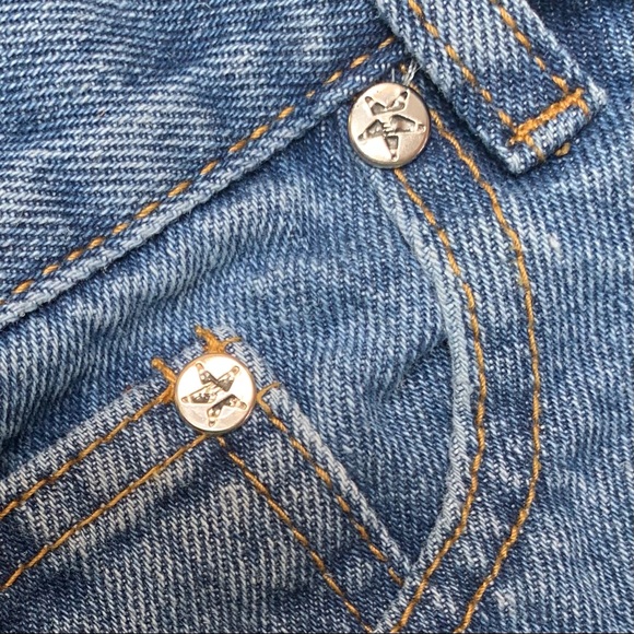 POL Blue Denim Distressed Raw Edge Grommet Shorts - Picture 8 of 15